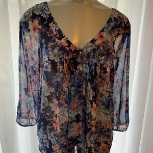 Navy floral V neck blouse